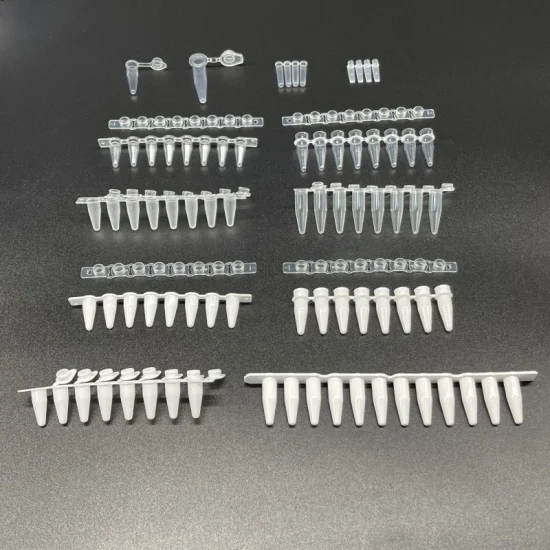 Tubo de PCR de 8 tiras de alta calidad de 0,2 ml con tapa abatible